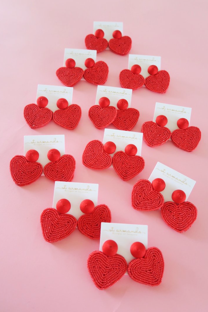 Red Valentines Day Holiday Beaded Heart Statement Earrings