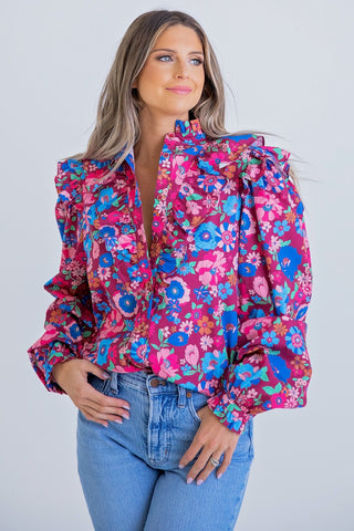 London Floral Ruffle Button Top