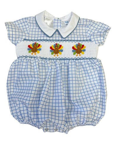 Noah Smocked Bubble - Blue Check Turkey