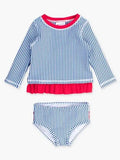 Long Sleeve Rash Guard 2 Piece Swimsuit - Blue Seersucker