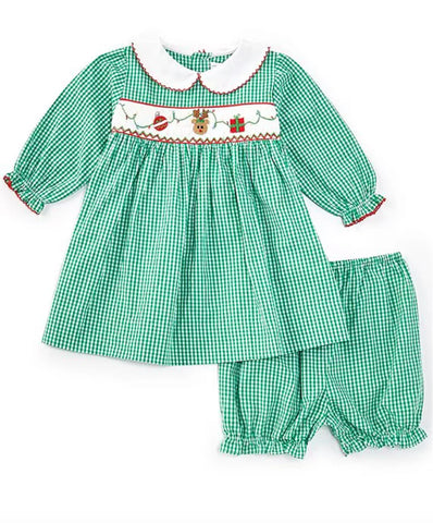 Petit Ami - Green Check Christmas Smocked Dress